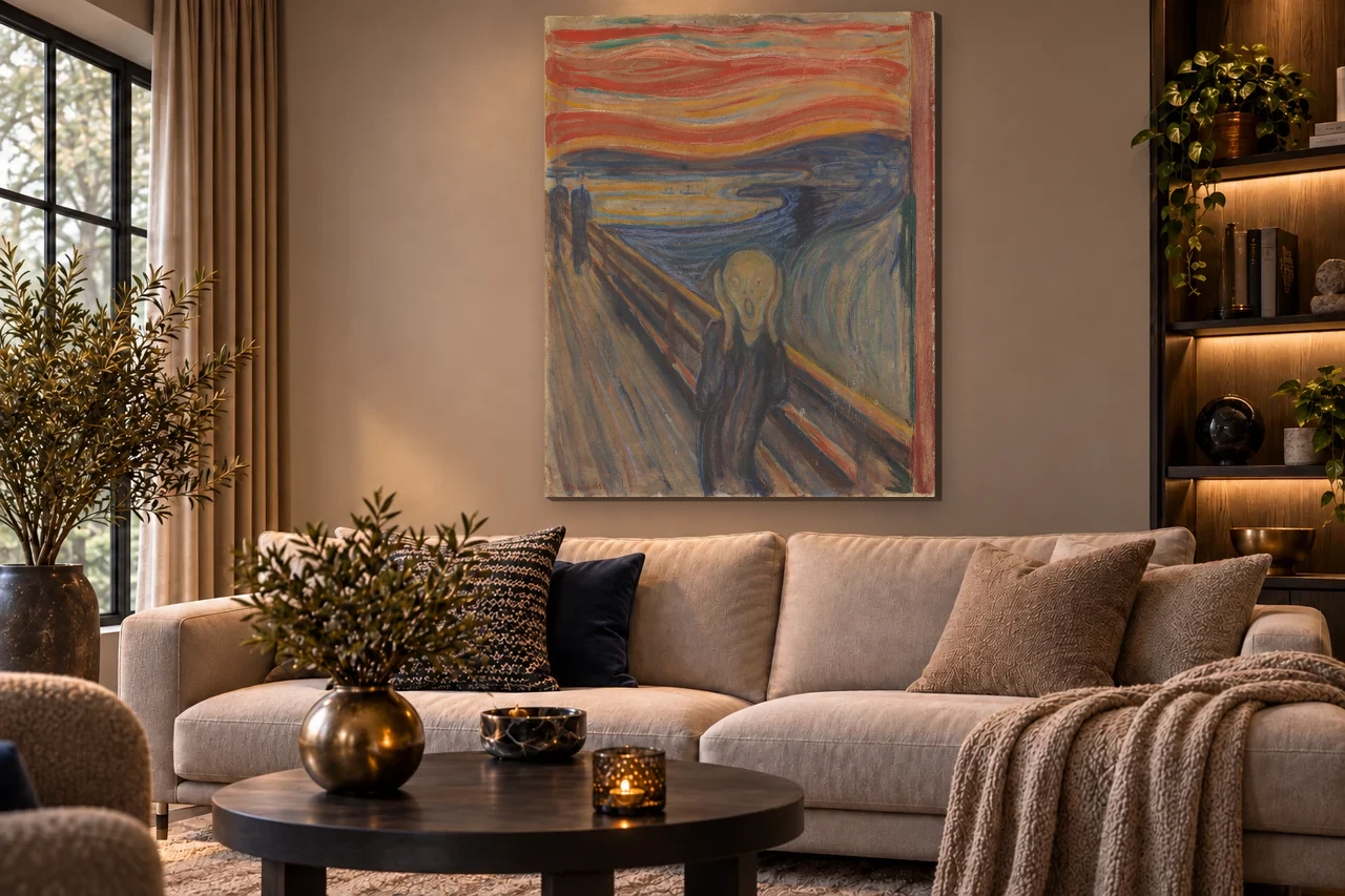 De Schreeuw van Edvard Munch als staand schilderij in een interieur