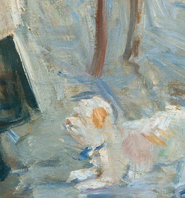 Het hondje bij de tafel in In de eetkamer van Berthe Morisot