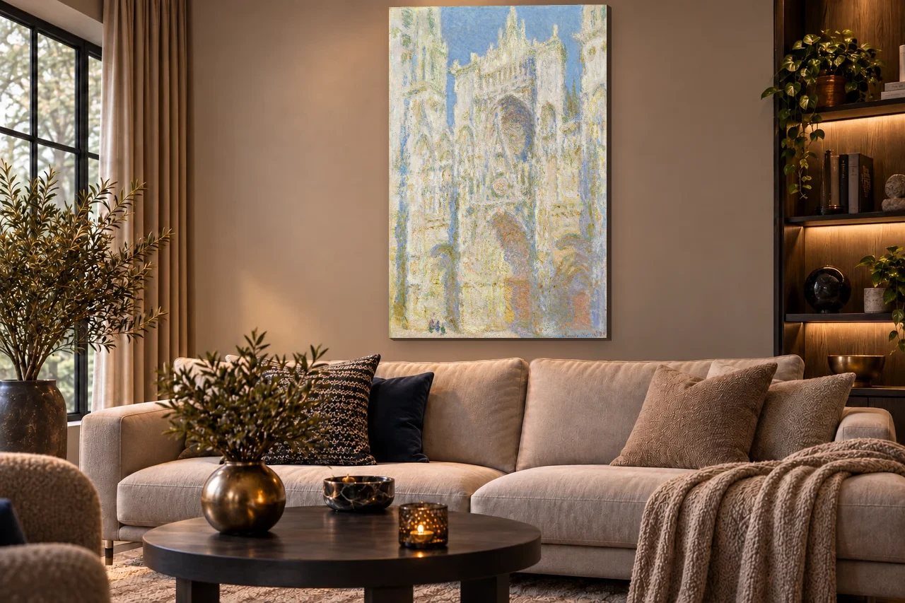 De kathedraal van Rouen in zonlicht volledig en staand aan de muur in een interieur