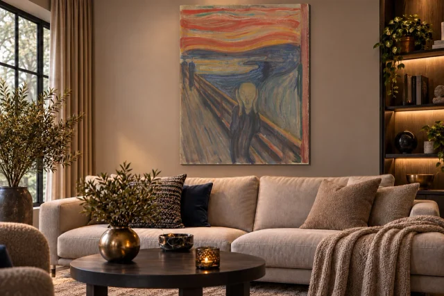De Schreeuw van Edvard Munch als staand schilderij in een interieur