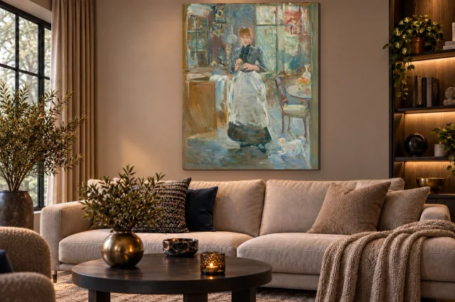 In de eetkamer volledig en staand aan de muur in een interieur