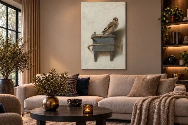Het puttertje van Carel Fabritius als staand schilderij in een interieur