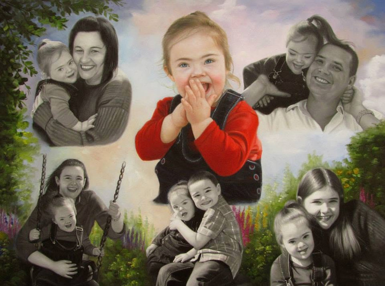 Handgeschilderd familieportret samengesteld uit meerdere foto’s