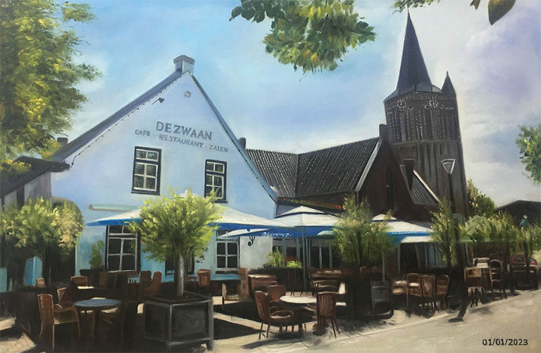 Handgeschilderd straatbeeld van restaurant De Zwaan en een kerk