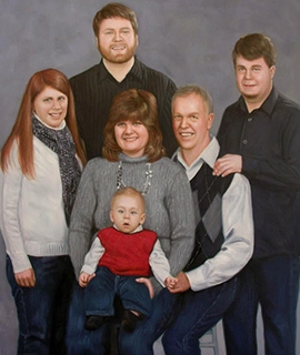 Handgeschilderd familieportret van vijf volwassenen en een baby