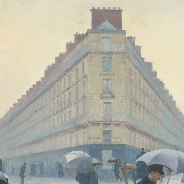 Gevels in perspectief in Parijs op een regenachtige dag van Gustave Caillebotte