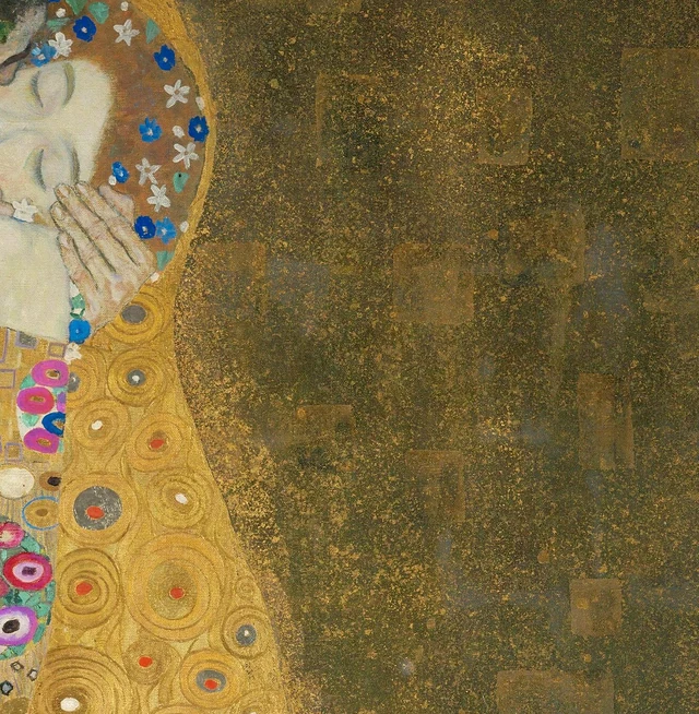 Gezicht en gouden ornament in De Kus van Gustav Klimt