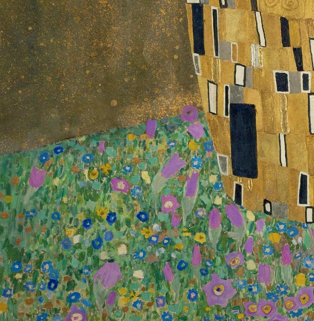 Bloemenweide met paarse en blauwe bloemen in De Kus van Gustav Klimt