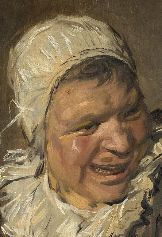 Lachend gezicht en witte kap in Malle Babbe van Frans Hals