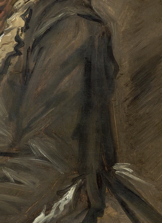 Penseelstreken in de kleding van Malle Babbe van Frans Hals