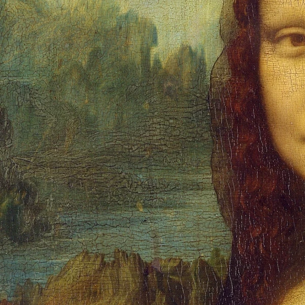 Weg en rotslandschap links in de Mona Lisa van Leonardo da Vinci