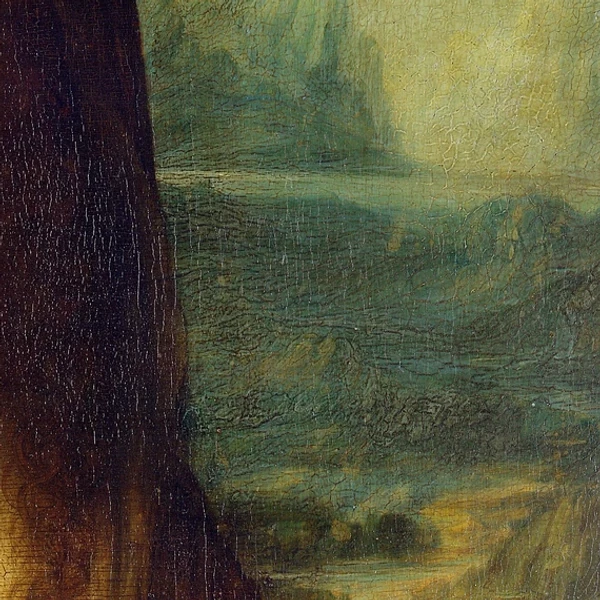 Water en berglandschap rechts in de Mona Lisa van Leonardo da Vinci