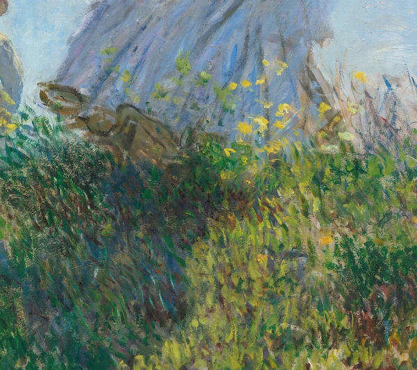 Jurk en grashalmen in Vrouw met parasol van Claude Monet