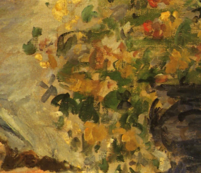Groene en okerkleurige penseelstreken in A Modern Olympia van Paul Cézanne