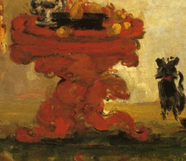 Rode tafel en hond in A Modern Olympia van Paul Cézanne