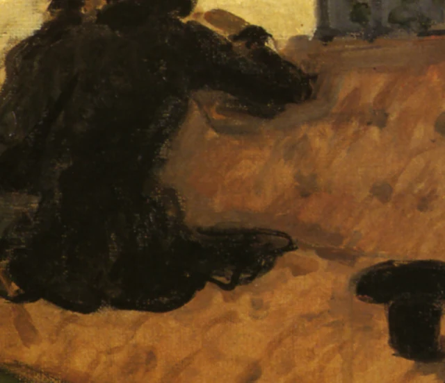 Donkere kleding van de zittende man in A Modern Olympia van Paul Cézanne