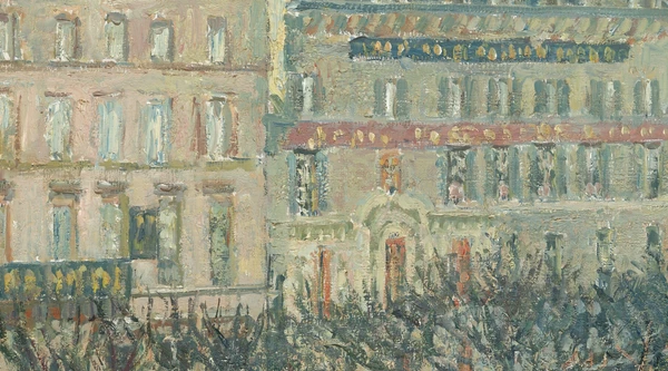 Gevels en boomtakken in Boulevard des Italiens in de ochtendzon van Camille Pissarro