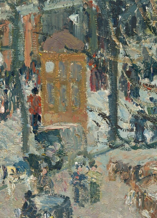 De kiosk in Boulevard des Italiens in de ochtendzon van Camille Pissarro
