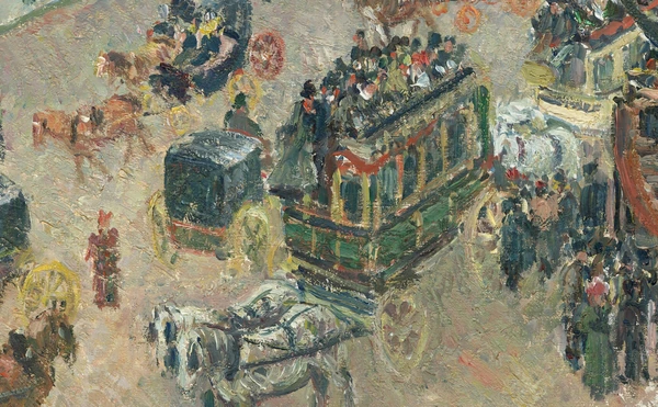 Rijtuigen op de boulevard in Boulevard des Italiens in de ochtendzon van Camille Pissarro