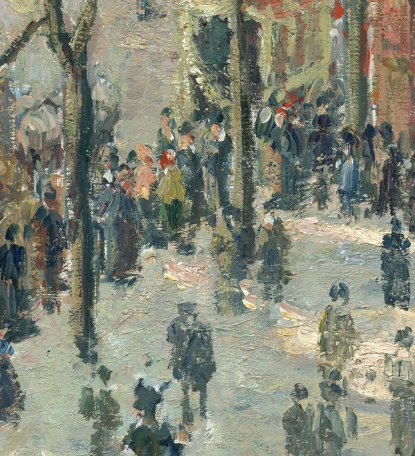 Wandelaars op het trottoir in Boulevard des Italiens in de ochtendzon van Camille Pissarro