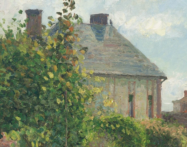 De huizen achter de tuin in De tuin van de kunstenaar in Éragny van Camille Pissarro