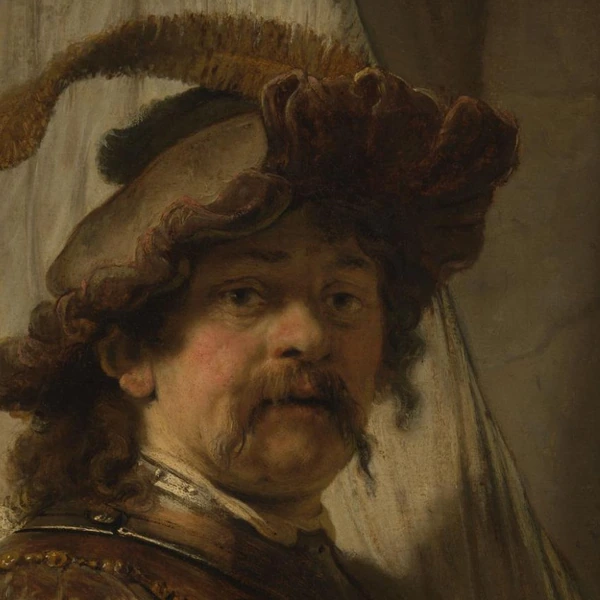 Gezicht en gepluimde hoed in De vaandeldrager van Rembrandt van Rijn
