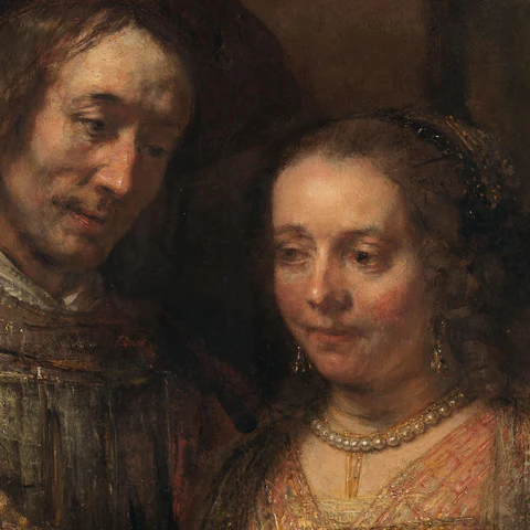 Gezichten van Isaak en Rebekka in Het Joodse bruidje van Rembrandt