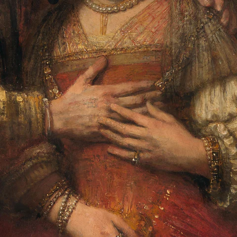 Handen van het paar in Het Joodse bruidje van Rembrandt