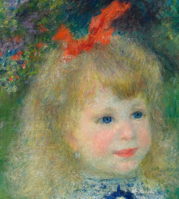Gezicht en rode strik in Meisje met gieter van Pierre-Auguste Renoir