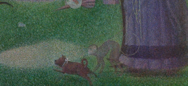 Dieren op de voorgrond in Een zondag op La Grande Jatte van Georges Seurat