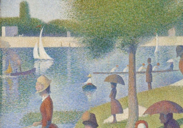 Rivier en zeilen in Een zondag op La Grande Jatte van Georges Seurat