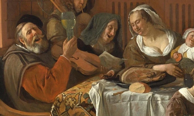 Zingende volwassenen aan tafel in Het vrolijke huisgezin van Jan Steen