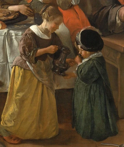 Kinderen en kan op de voorgrond in Het vrolijke huisgezin van Jan Steen