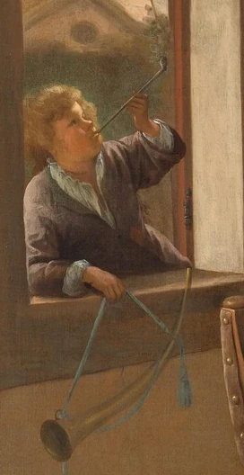 Jongen met pijp en hoorn bij het raam in Het vrolijke huisgezin van Jan Steen