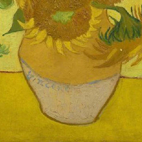 Vaas onder het boeket in Zonnebloemen van Vincent van Gogh