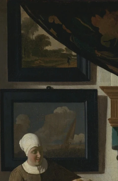 Landschap en zeegezicht op de achterwand in De liefdesbrief van Johannes Vermeer