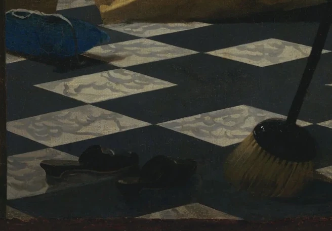 Sloffen op de tegelvloer in De liefdesbrief van Johannes Vermeer