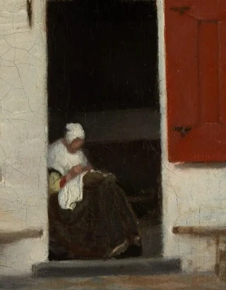 Handwerkende vrouw in de deuropening in Het Straatje van Johannes Vermeer