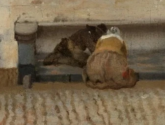 Twee kinderen op de stoep in Het Straatje van Johannes Vermeer