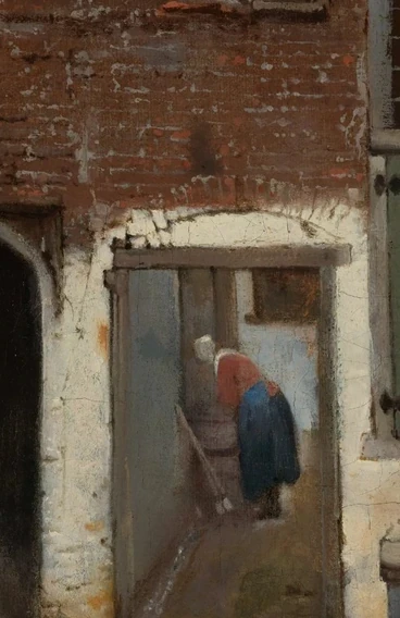 Vrouw en tobbe in de doorgang in Het Straatje van Johannes Vermeer