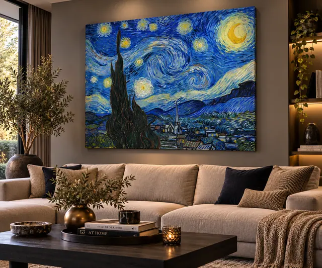 Interieurimpressie met De Sterrennacht van Vincent van Gogh boven een bank