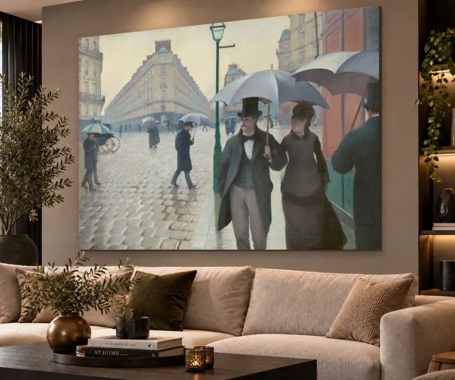 Parijs op een regenachtige dag volledig en liggend aan de muur in een interieur