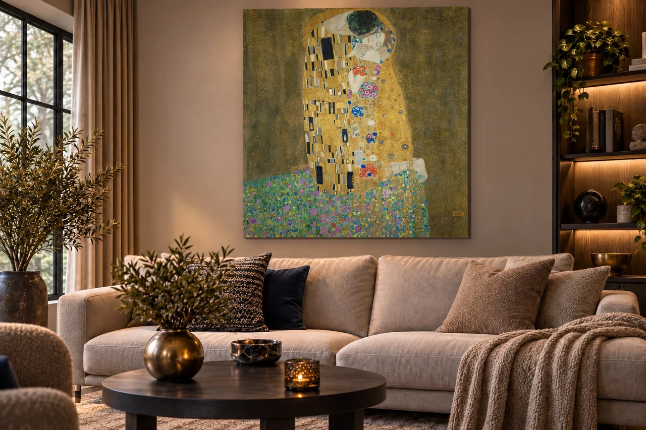 De Kus volledig en staand aan de muur in een interieur
