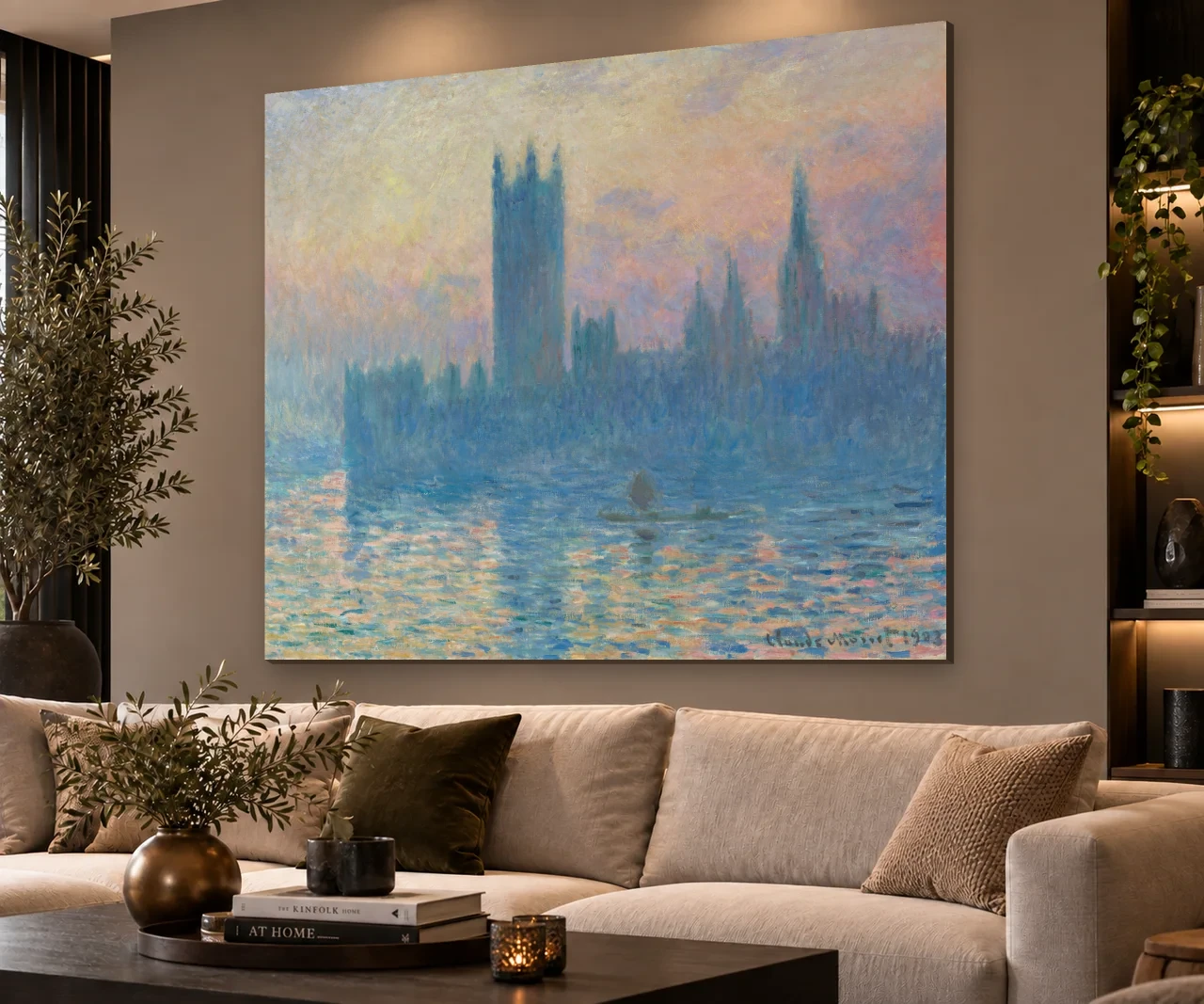 Het Parlementsgebouw bij zonsondergang volledig en liggend aan de muur in een interieur