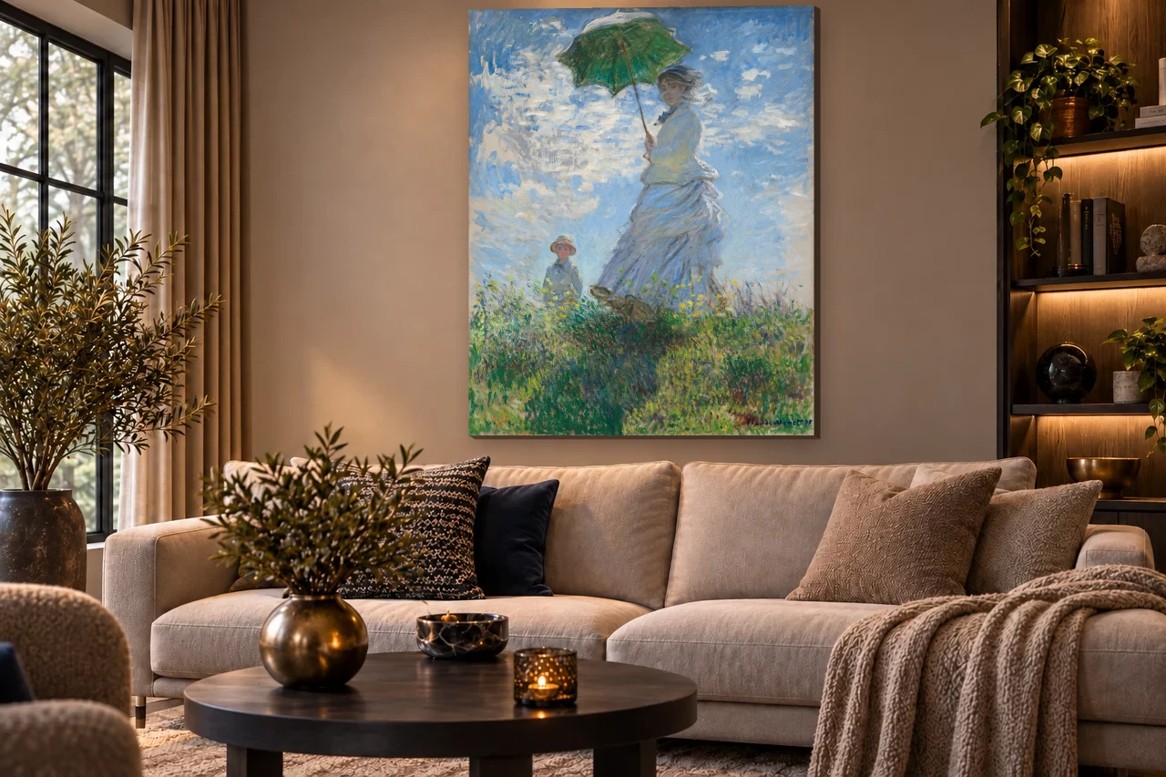 Vrouw met parasol volledig en staand aan de muur in een interieur