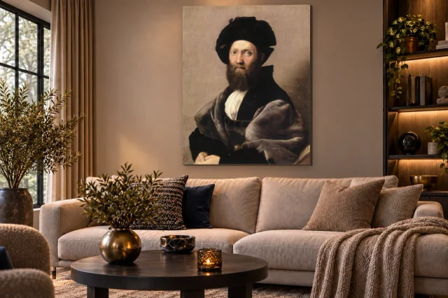 Portrait of Baldassare Castiglione volledig en staand aan de muur in een interieur