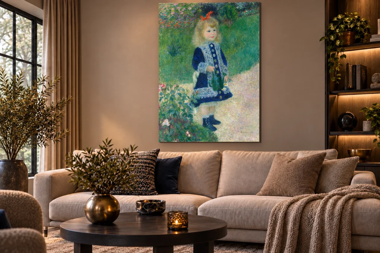 Meisje met gieter volledig en staand aan de muur in een interieur