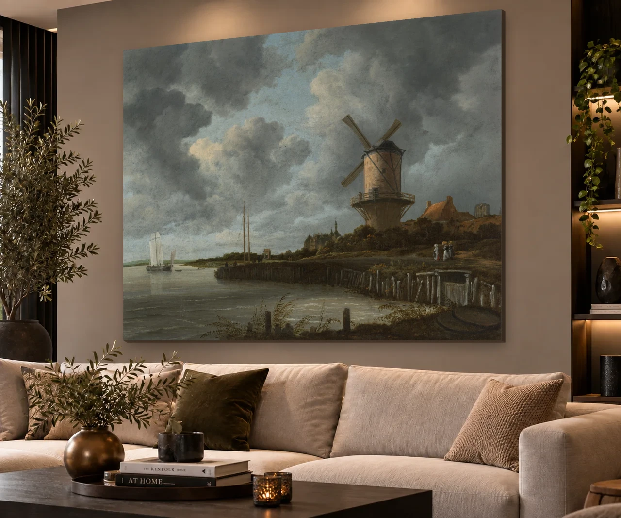 De molen bij Wijk bij Duurstede volledig en liggend aan de muur in een interieur