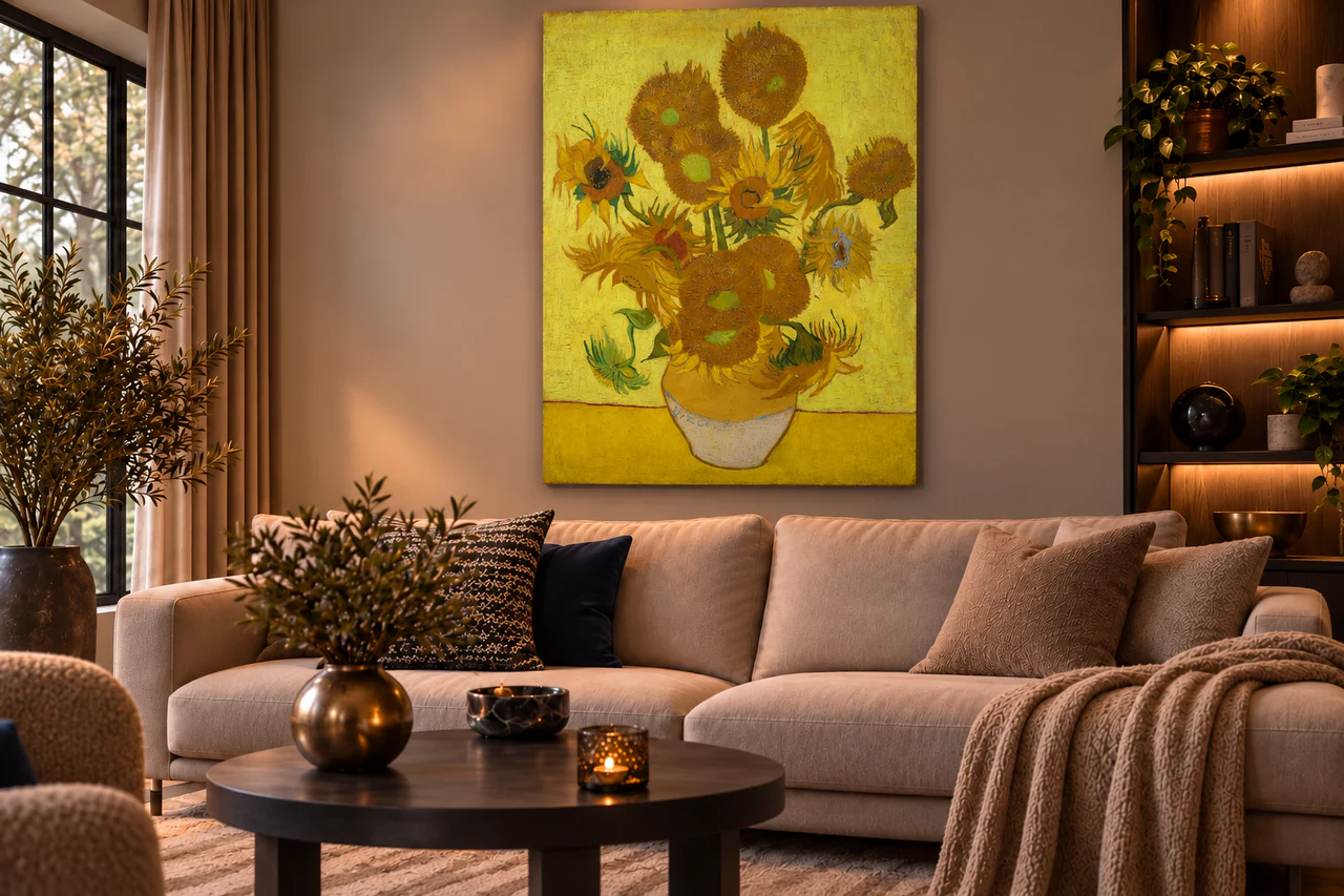 Zonnebloemen volledig en staand aan de muur in een interieur