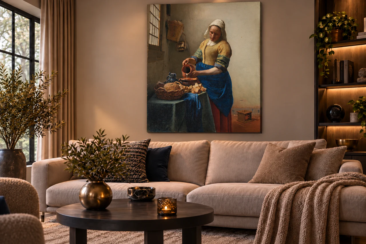 Het Melkmeisje volledig en staand aan de muur in een interieur